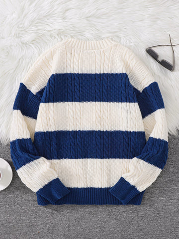 Autumn and Winter Striped Crew Neck Hemp Straw Style Casual Couple Sweater Versatile Trendy Men's Long-Sleeve Sweater Top